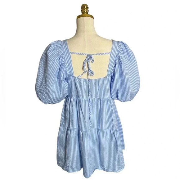 NASTY GAL | Striped Blue/White Puff Sleeve Oversized Mini Shift Dress Size 4 - Picture 7 of 9